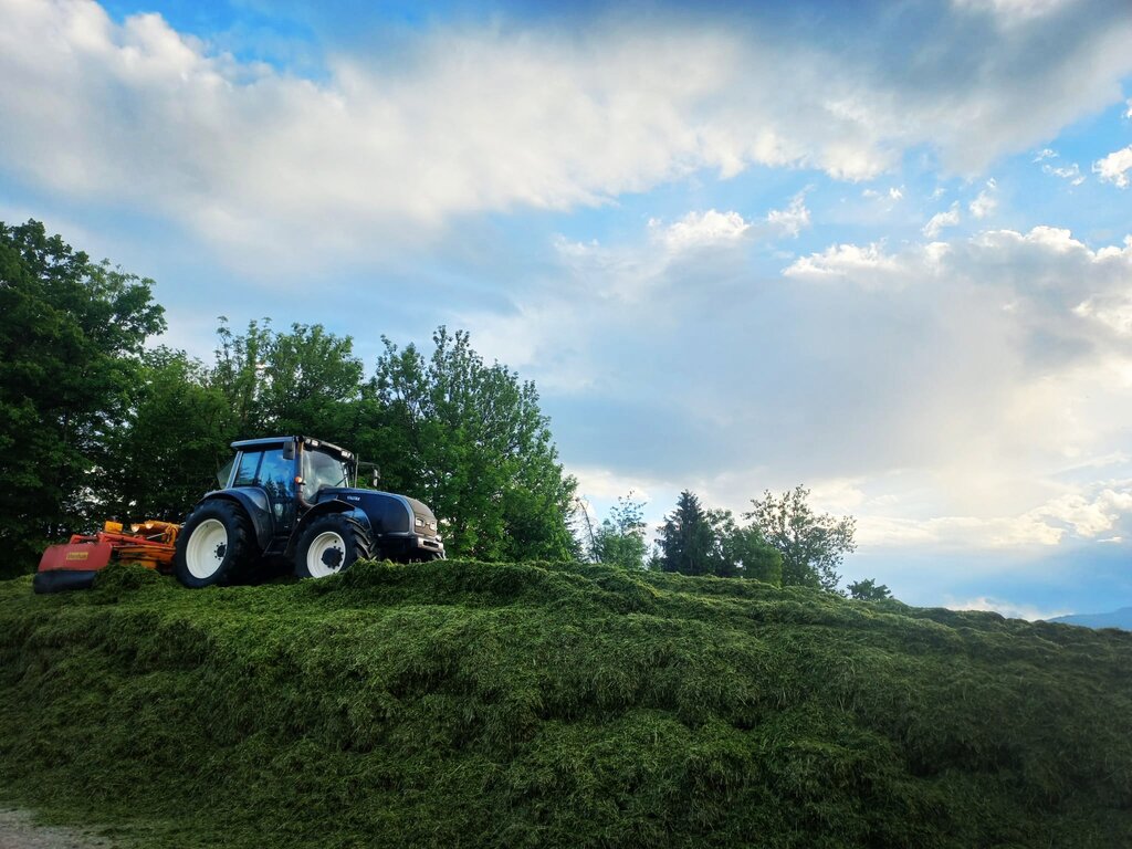 Traktor mit Mähwerk auf einem Grünfutter-Haufen bei der Heuernte unter dramatischem Wolkenhimmel